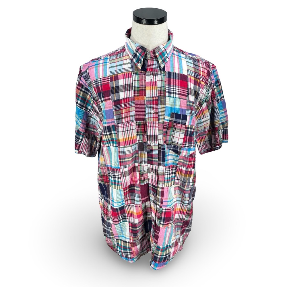 Castaway Nantucket Island Mens Large Patchwork Madras Plaid Short Sleeve Shirt